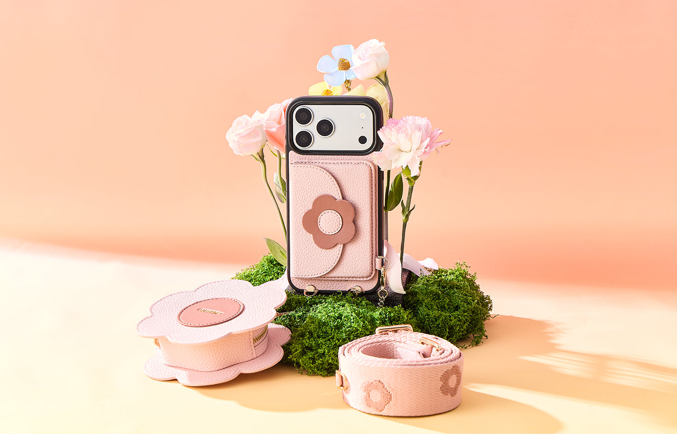 Aesthetic Pink Floral Phone Case | Slim Wallet Crossbody Setup