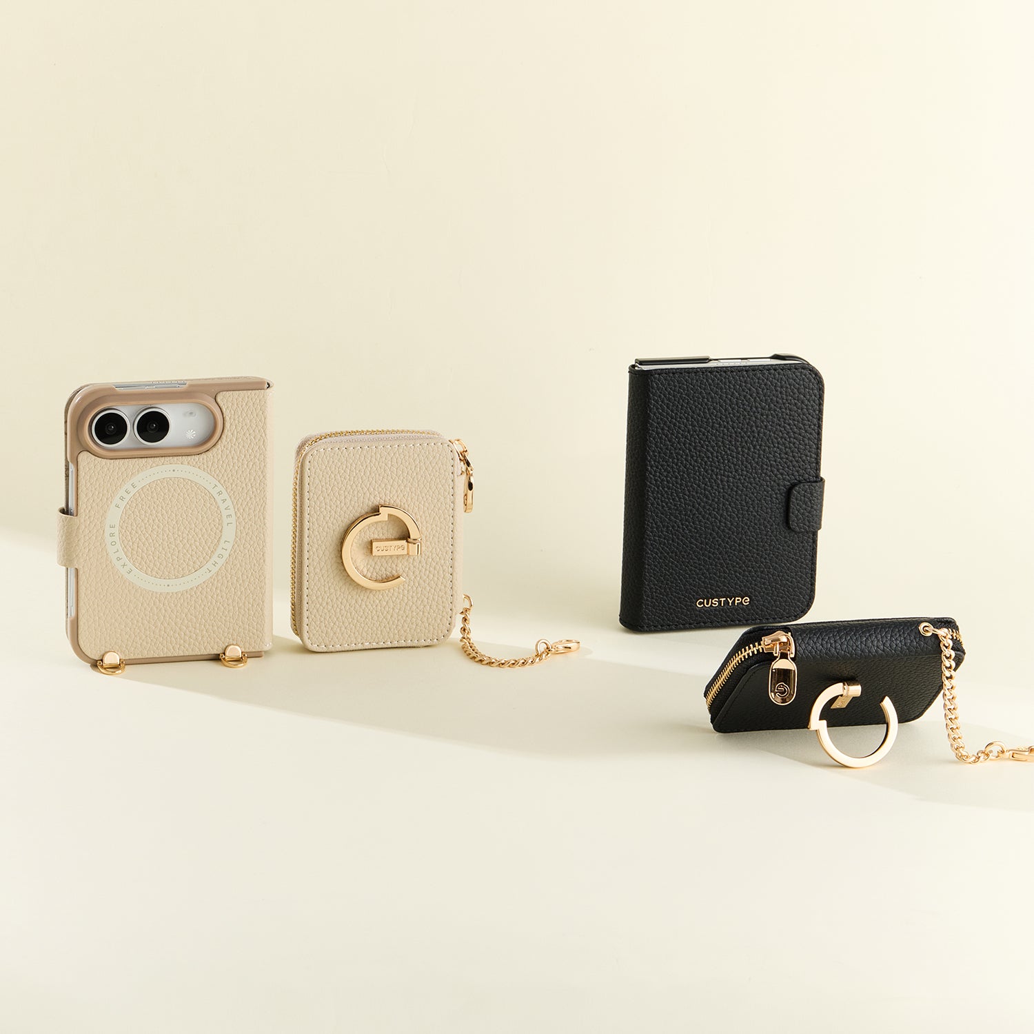 iPhone duo wallet case in beige and iphone duo wallet case with stand in black