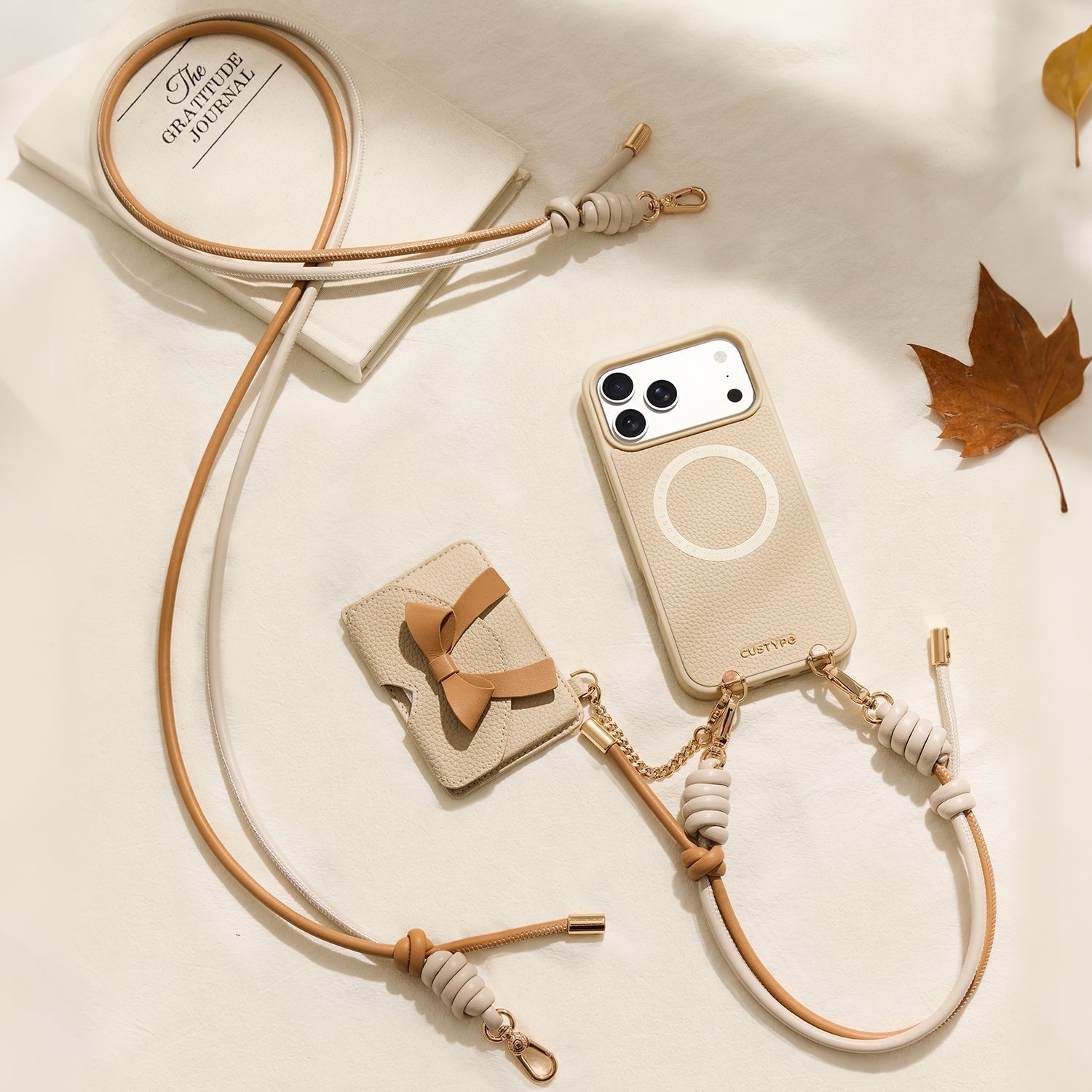 Custype wallet phone case with adjustable crossbody strap & wristlet in beige