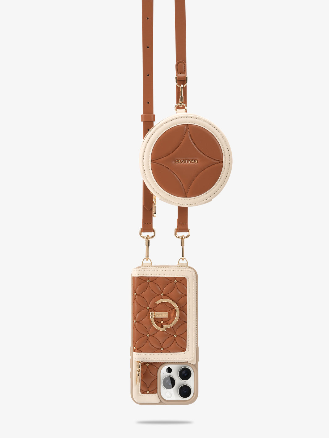 ThreadTrend- Bloom Stitching Phone Case Round Pouch Set in Brown