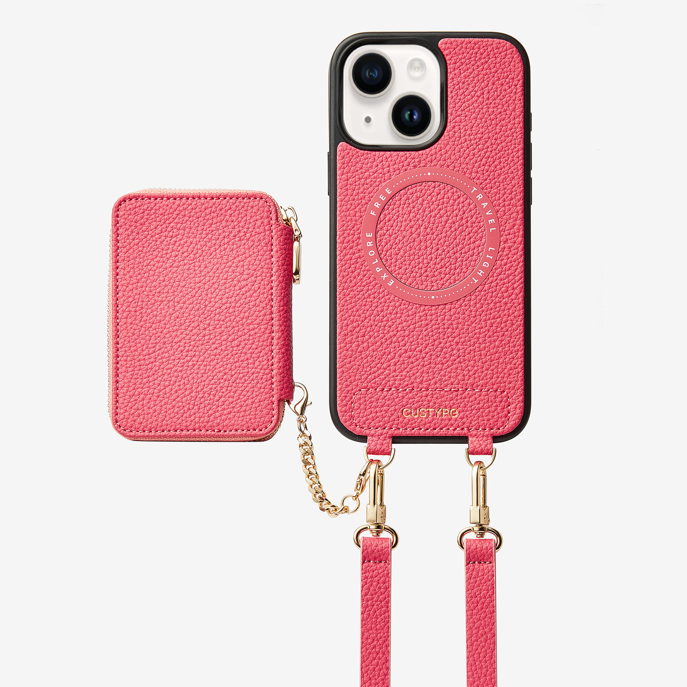 Unique Design Set- Detachable Wireless Charging Crossbody Wallet Phone Case Set-Mobile Phone Cases-DETACHABLE WALLET & PHONE POUCH-Peach Pink-iPhone 15 Plus-Custype