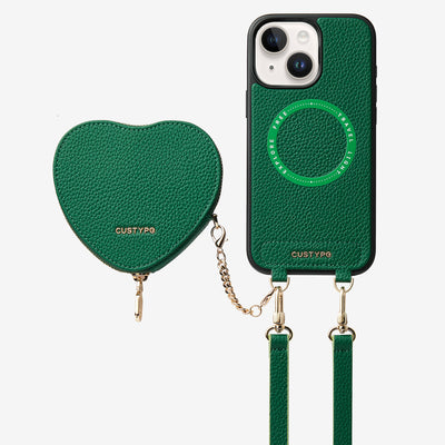 Heart Design Kit- Detachable Wireless Charging Crossbody Wallet Phone Case Pouch Set-Mobile Phone Cases-DETACHABLE WALLET & WIRELESS CHARGING-Green-iPhone 15 Plus-Custype