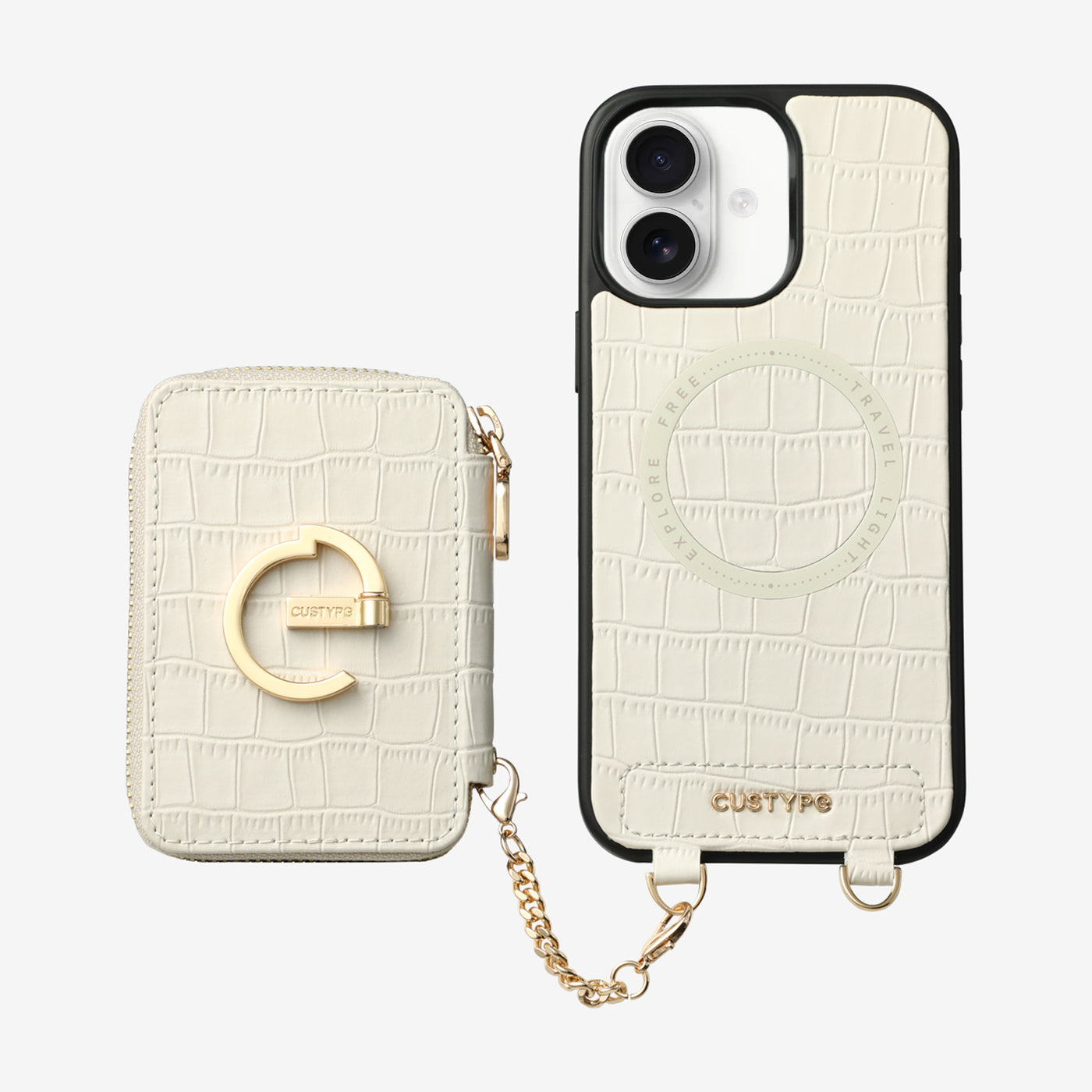 Crocodile Design Set- Detachable Wireless Charging E-stand Wallet Phone Case-Mobile Phone Cases-DETACHABLE WALLET & WIRELESS CHARGING-White-iPhone 16 Plus-Custype