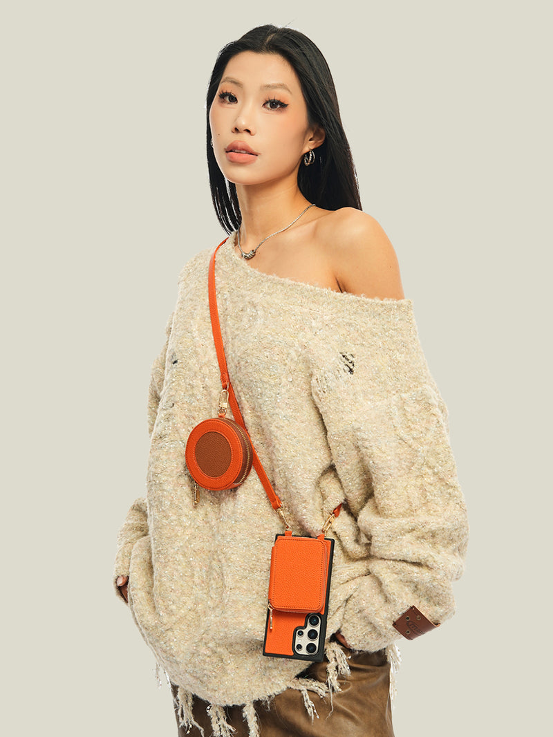 Unique Design Set- Samsung Galaxy Detachable Wireless Charging Crossbody Wallet Phone Case Round Pouch Set-Mobile Phone Cases-DETACHABLE WALLET & ROUND POUCH-Beige-Samsung S25 Ultra-Custype