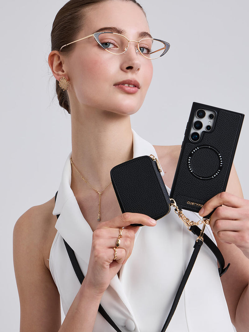 Unique Design Set- Samsung Galaxy Detachable Wireless Charging Crossbody Wallet Phone Case Round Pouch Set-Mobile Phone Cases-DETACHABLE WALLET & ROUND POUCH-Beige-Samsung S25 Ultra-Custype