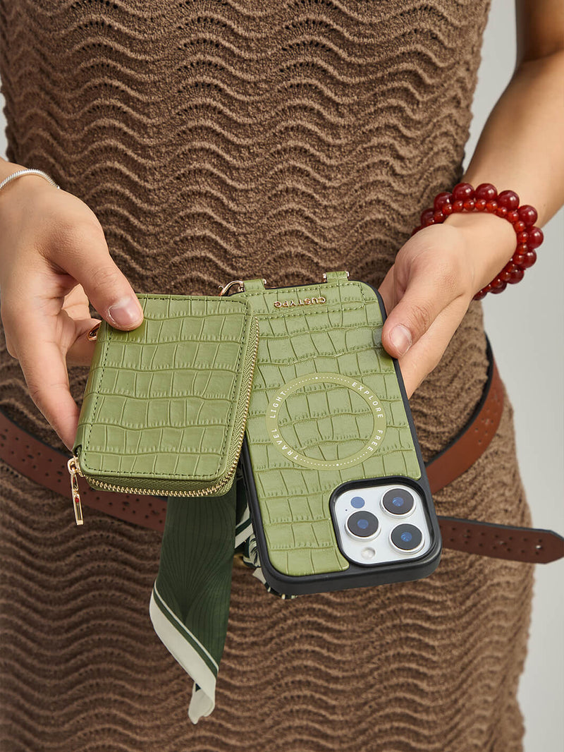 Silk Flair Set- Crocodile Wrist Lanyard Wallet Phone Case Compatible MagSafe-Mobile Phone Cases-WRISTBAND & PHONE POUCH-White-iPhone 16 Pro Max-Custype