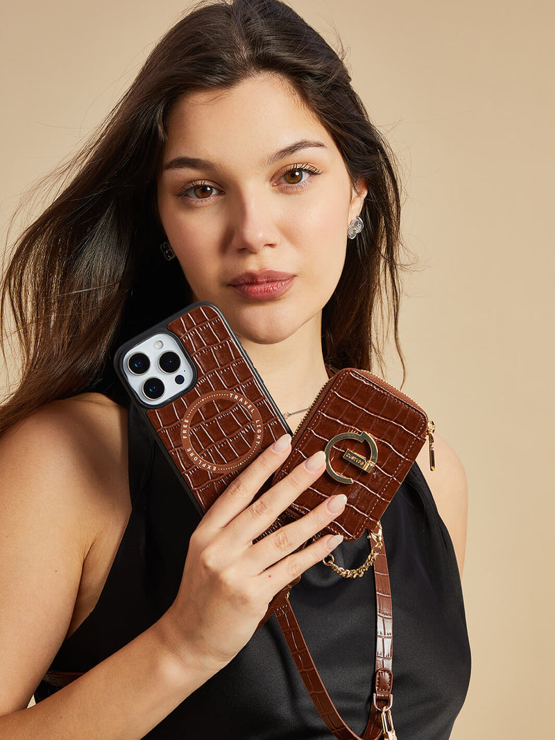Crocodile Design Set- Detachable Wireless Charging Crossbody E-Stand Wallet Phone Case Round Pouch Set-Mobile Phone Cases-DETACHABLE WALLET & ROUND POUCH-Brown-iPhone 16 Pro Max-Custype