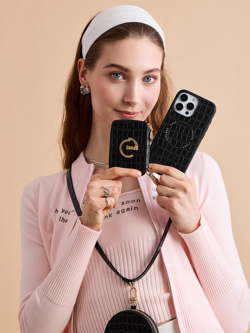 Crocodile Design Set- Detachable Wireless Charging Crossbody E-Stand Wallet Phone Case Round Pouch Set-Mobile Phone Cases-DETACHABLE WALLET & ROUND POUCH-Brown-iPhone 16 Pro Max-Custype