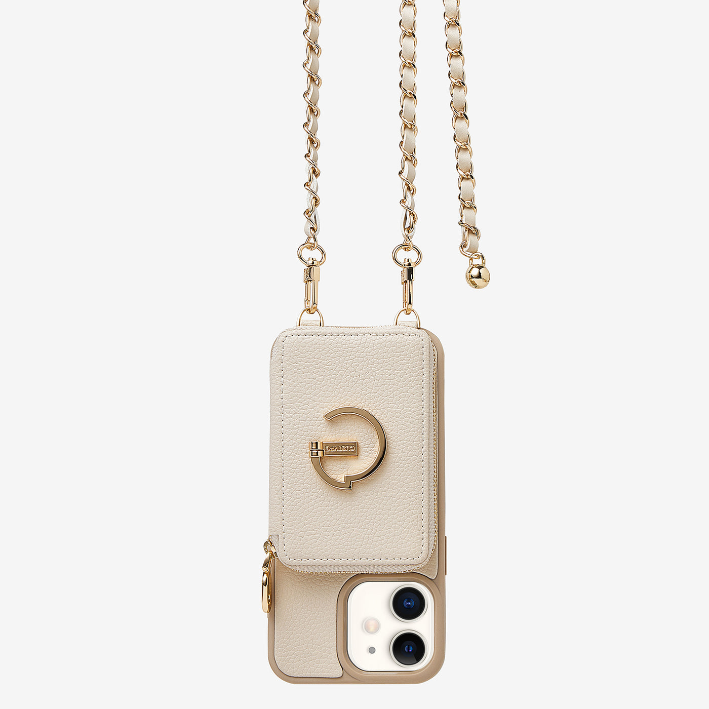 LuxeCharm- Lychee Phone Case with Chain Strap -Beige