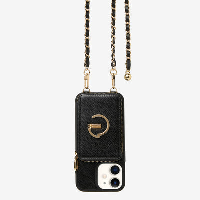 LuxeCharm- Lychee Phone Case with Chain Strap -Black