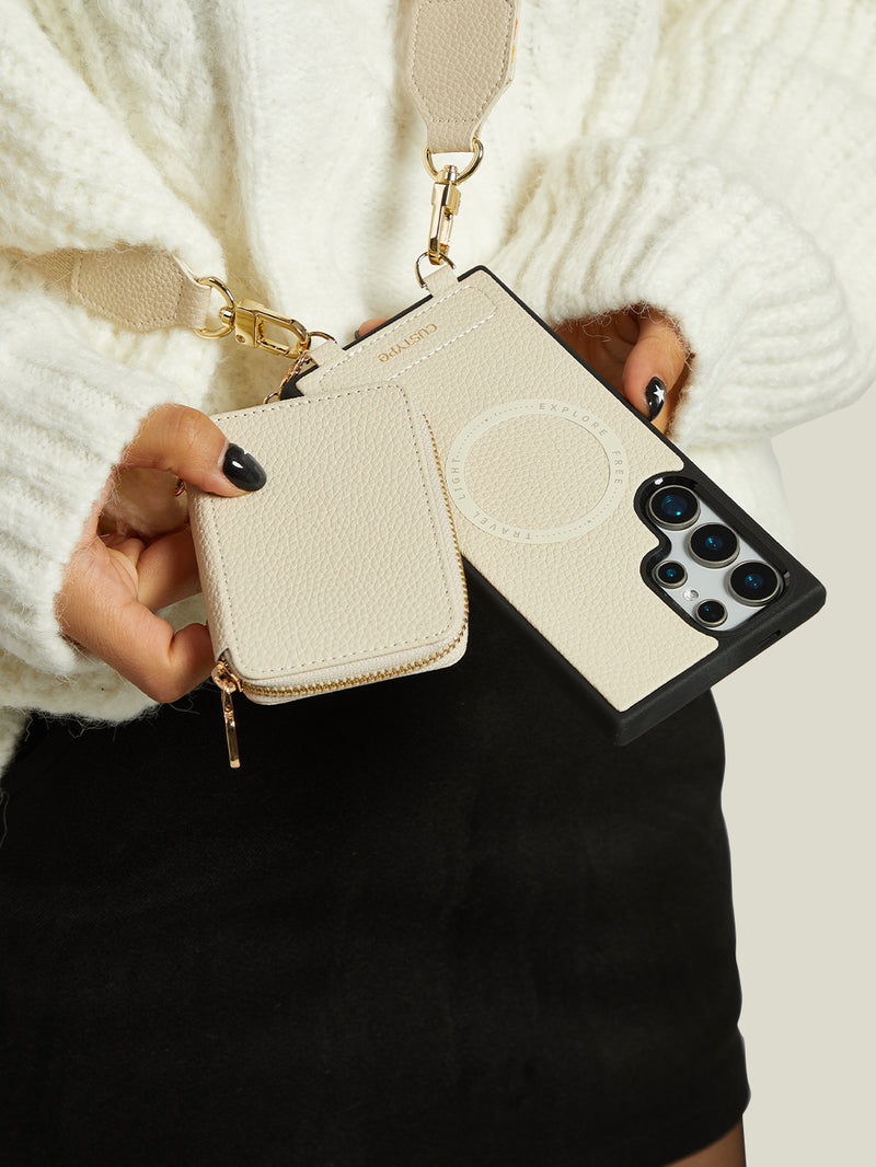 Unique Design Set- Samsung Galaxy Wireless Charging Webbing Crossbody Phone Case Round Pouch Set-Mobile Phone Cases-DETACHABLE WALLET & ROUND POUCH-Beige-Samsung S25 Ultra-Custype