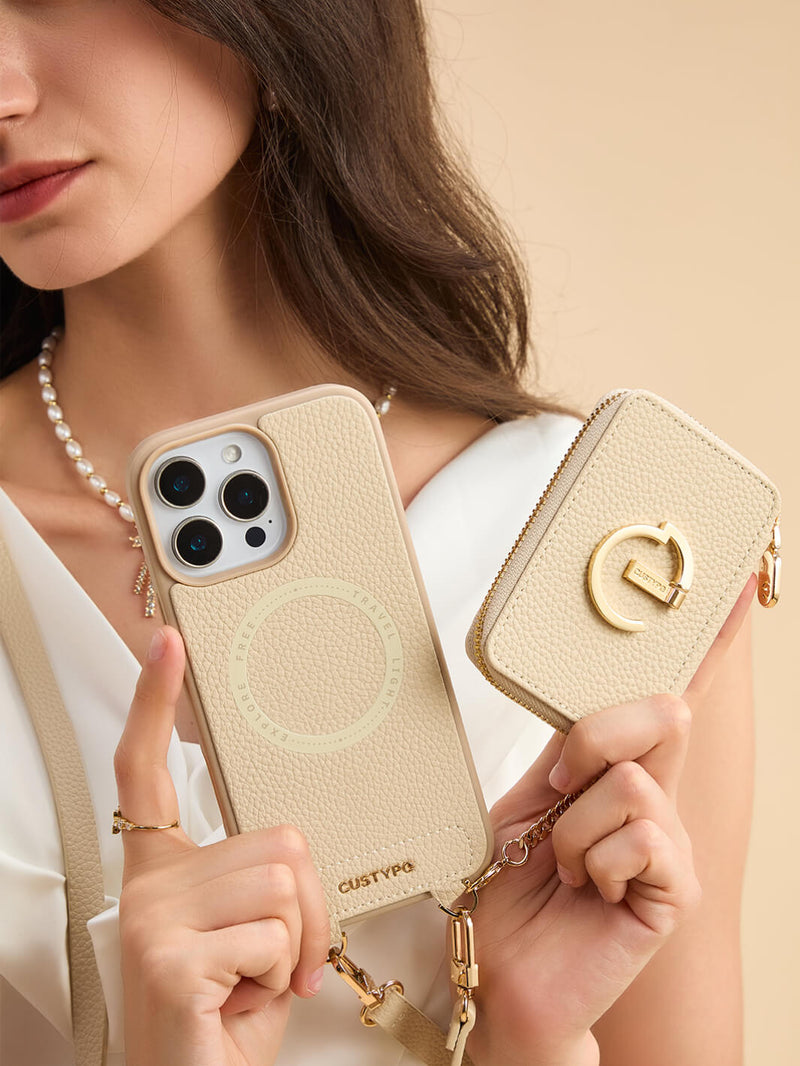 Beige phone case with card holder iPhone 15 Pro Max