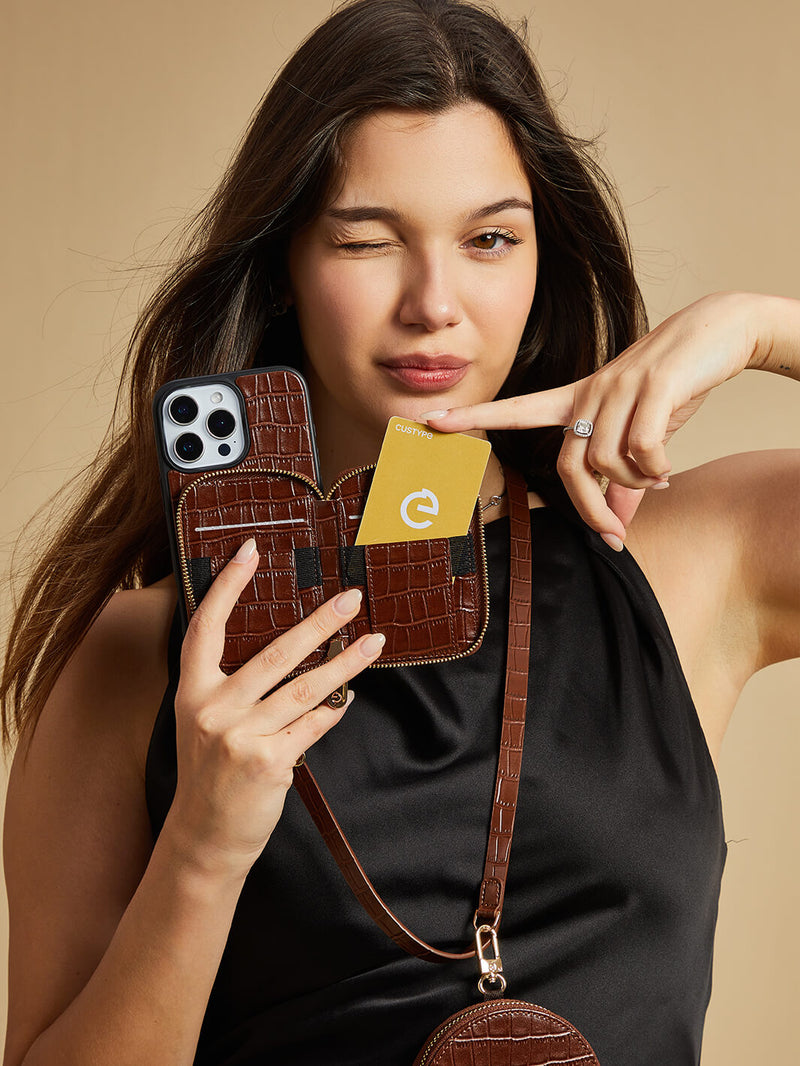 Crocodile Design Set- Detachable Wireless Charging Crossbody E-Stand Wallet Phone Case Round Pouch Set-Mobile Phone Cases-DETACHABLE WALLET & ROUND POUCH-Brown-iPhone 16 Pro Max-Custype