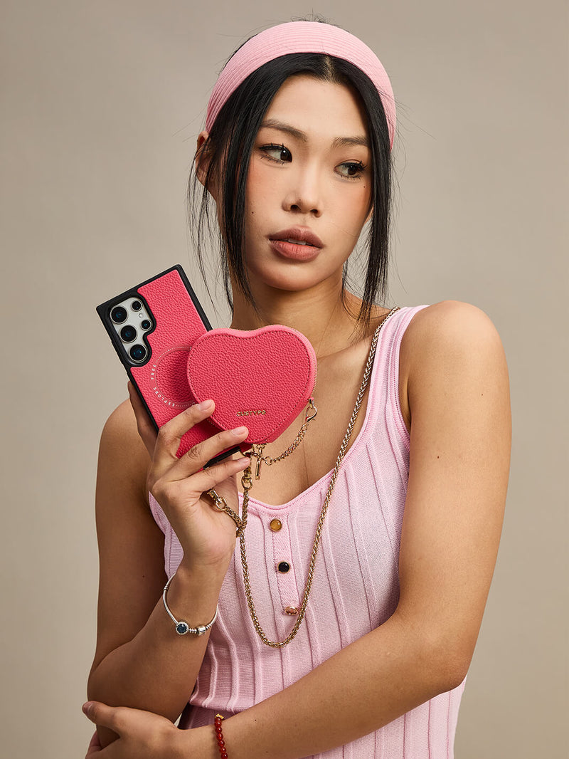 Heart Twist Chain- Samsung Galaxy Magnetic Phone Case with Card Slots & Shoulder Strap-Mobile Phone Cases-DETACHABLE WALLET & WIRELESS CHARGING-Peach Pink-Samsung S25 Ultra-Custype