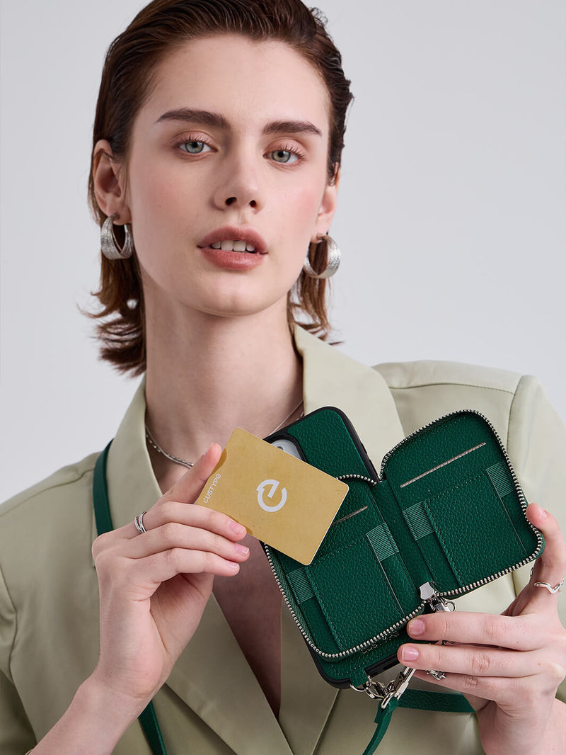 Silver Edge Kit- Versatile Magnetic E-stand Card Holder Case for iPhone with Round Pouch & Shoulder Strap-Mobile Phone Cases-DETACHABLE WALLET & ROUND POUCH-Green-iPhone 16 Pro Max-Custype