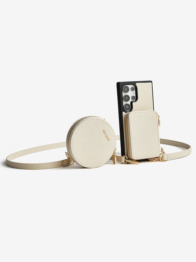 Unique Design Set- Samsung Galaxy Detachable Wireless Charging Crossbody Wallet Phone Case Round Pouch Set-Mobile Phone Cases-DETACHABLE WALLET & ROUND POUCH-Beige-Samsung S24 Ultra-Custype