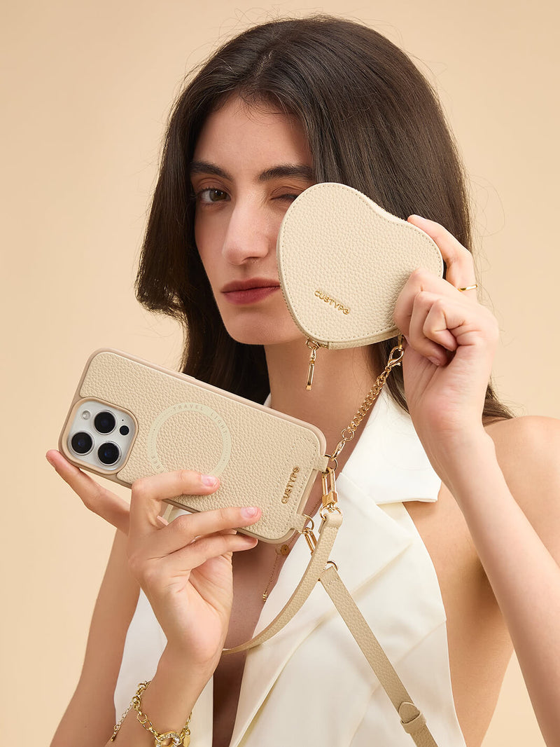 zipper heart pouch phone case with card holder and strap