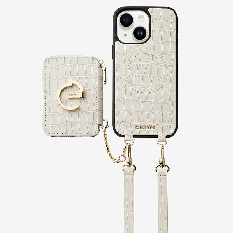 Crocodile Design Set- Detachable Wireless Charging Crossbody E-stand Wallet Phone Case Set-Mobile Phone Cases-DETACHABLE WALLET & WIRELESS CHARGING-White-iPhone 15 Plus-Custype