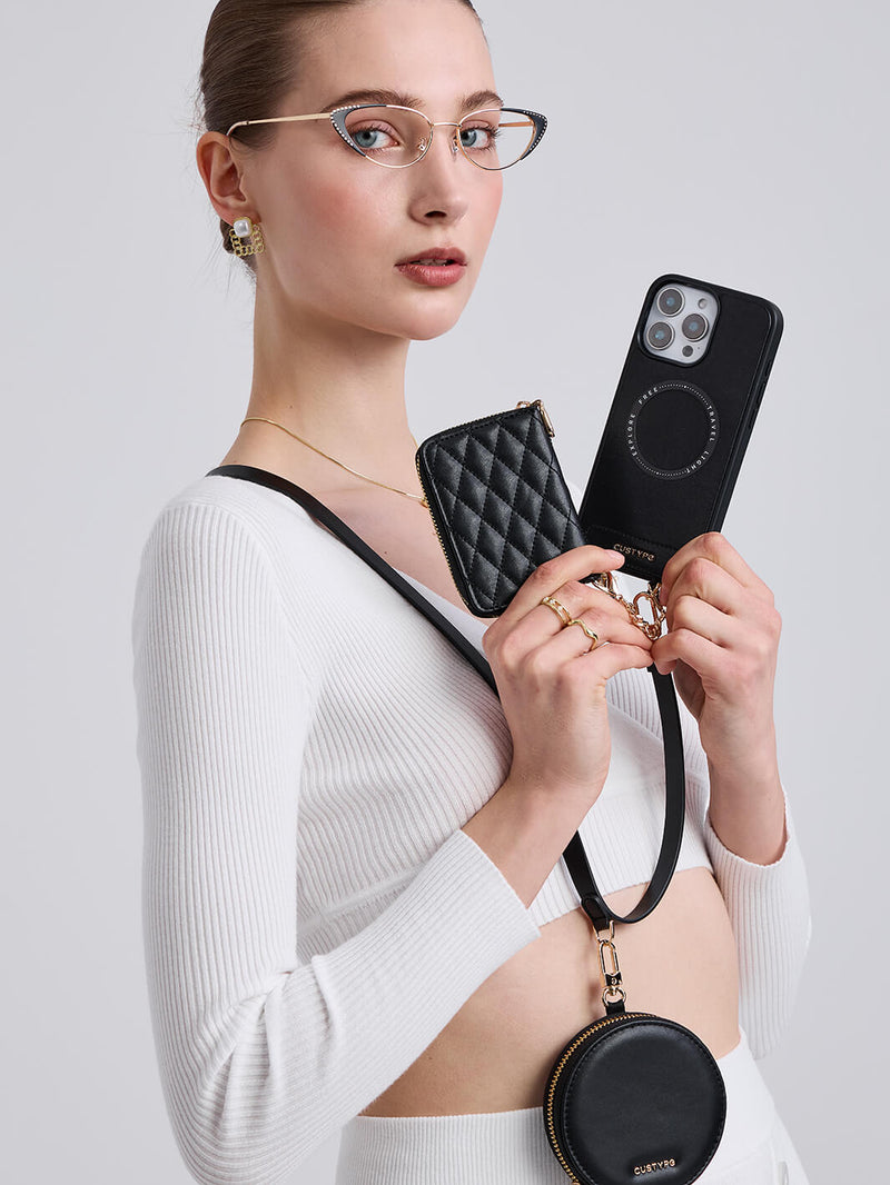 Embroidery Craft Set- Detachable Wireless Charging Crossbody Wallet Phone Case Round Pouch Set-Mobile Phone Cases-DETACHABLE WALLET & ROUND POUCH-Argyle-Black-iPhone 16 Pro Max-Custype