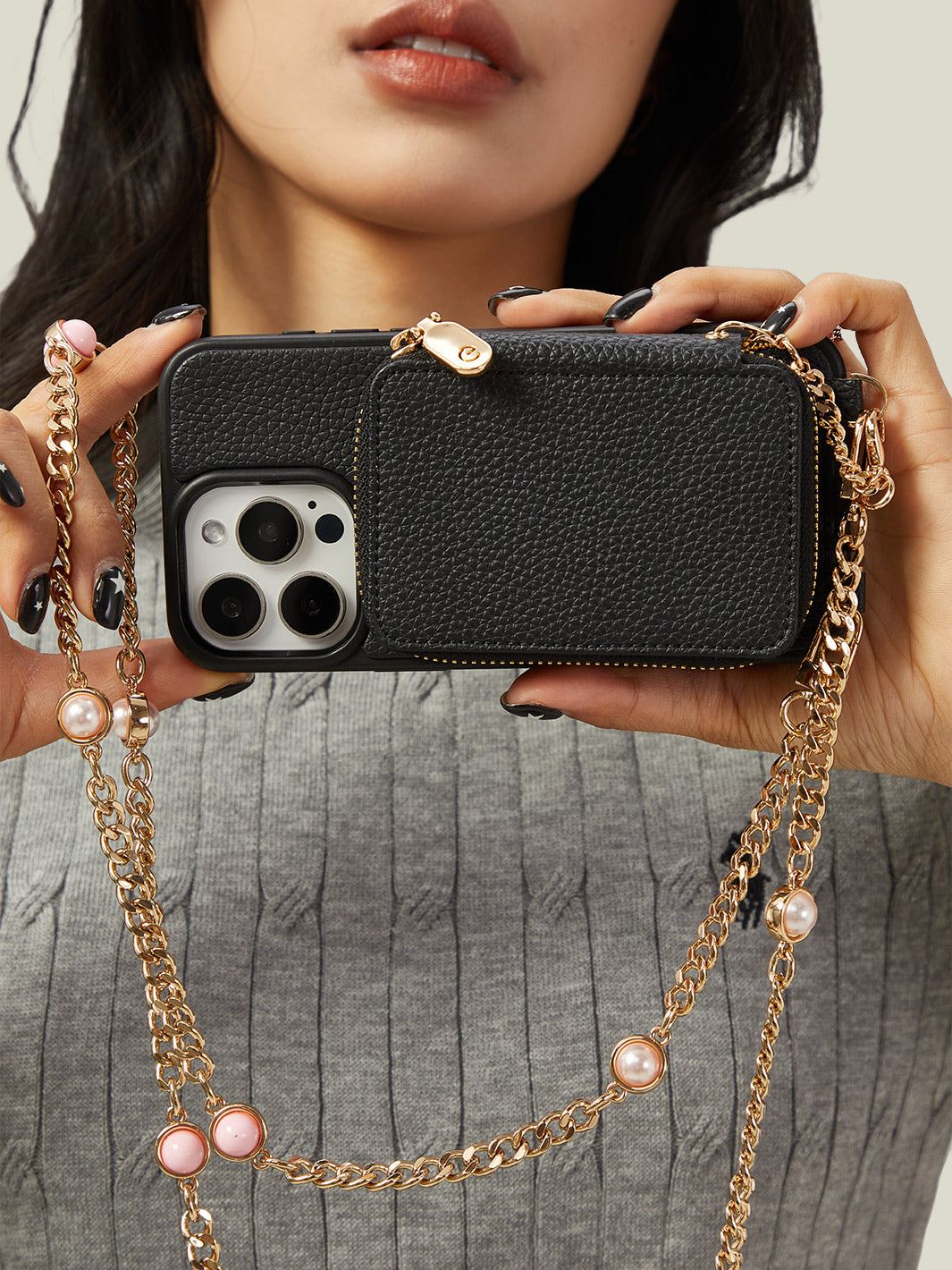 Candy Chain Assembly- Pearl Chain Purse iPhone Case Supporting Magsafe-Mobile Phone Cases-DETACHABLE WALLET & PHONE POUCH-Black-iPhone 16 Pro Max-Custype