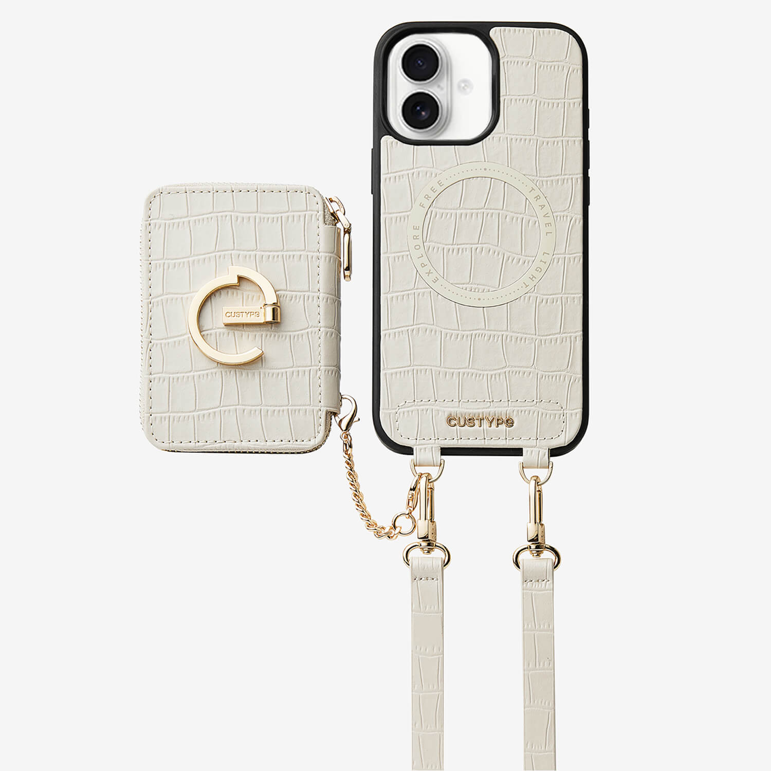 Crocodile Design Set- Detachable Wireless Charging Crossbody E-stand Wallet Phone Case Set-Mobile Phone Cases-DETACHABLE WALLET & WIRELESS CHARGING-White-iPhone 16 Plus-Custype