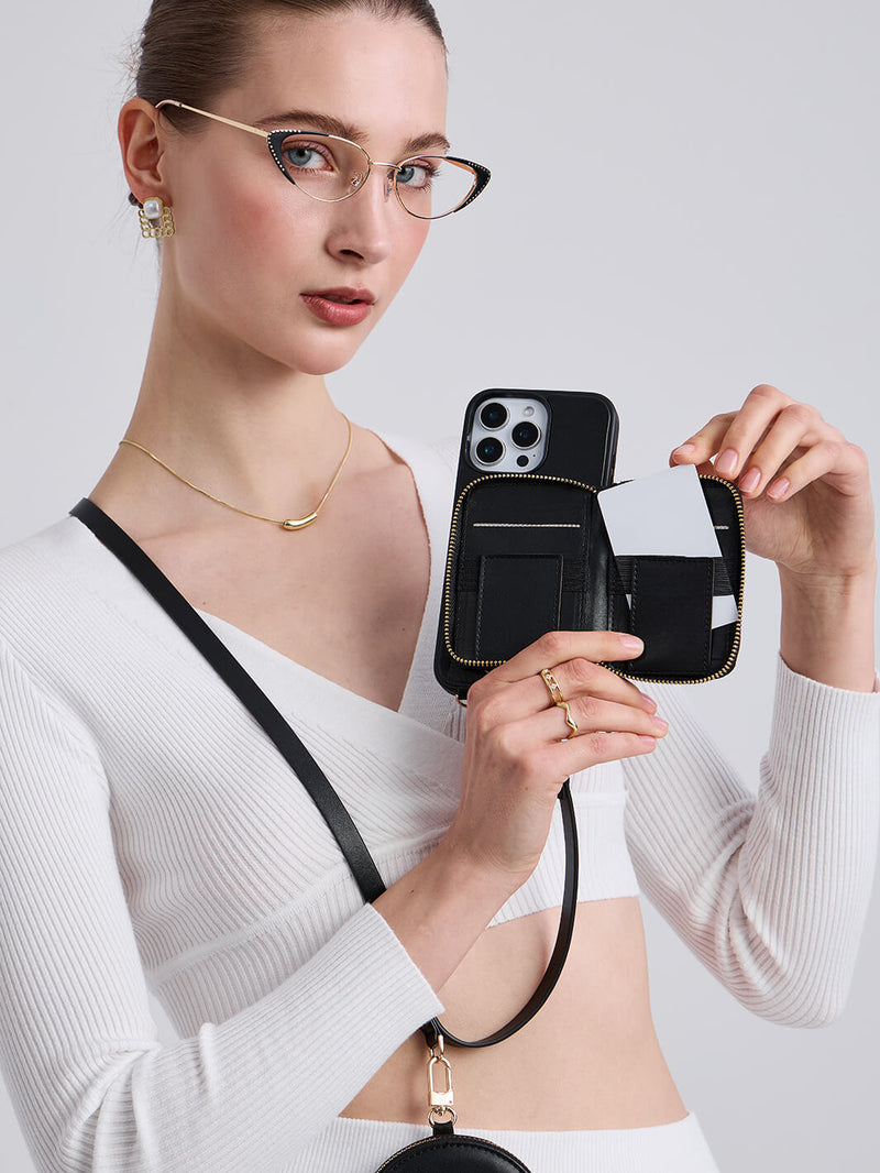 Embroidery Craft Set- Detachable Wireless Charging Crossbody Wallet Phone Case Round Pouch Set-Mobile Phone Cases-DETACHABLE WALLET & ROUND POUCH-Argyle-Black-iPhone 16 Pro Max-Custype