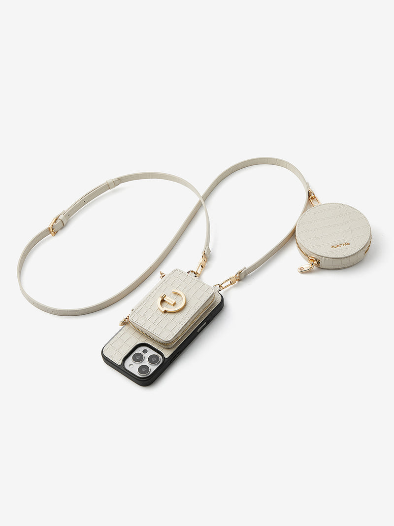 Crocodile Design Set- Detachable Wireless Charging Crossbody E-Stand Wallet Phone Case Round Pouch Set-Mobile Phone Cases-DETACHABLE WALLET & ROUND POUCH-Brown-iPhone 16 Pro Max-Custype