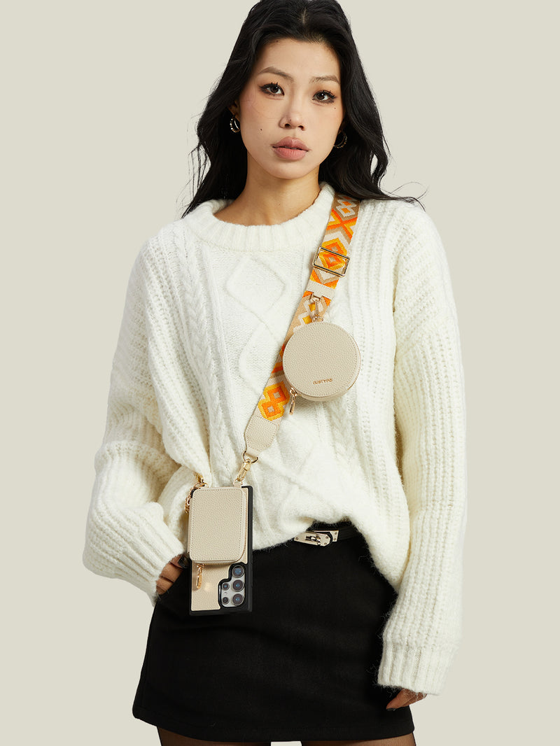 Unique Design Set- Samsung Galaxy Wireless Charging Webbing Crossbody Phone Case Round Pouch Set-Mobile Phone Cases-DETACHABLE WALLET & ROUND POUCH-Beige-Samsung S25 Ultra-Custype