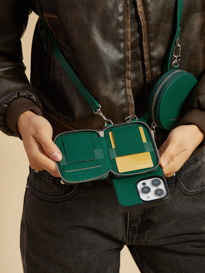 Lunar Silver Series- Premium Crossbody Magsafe Phone Case with Removable Wallet & Round Pouch-Mobile Phone Cases-DETACHABLE WALLET & ROUND POUCH-Black-iPhone 16 Pro Max-Custype