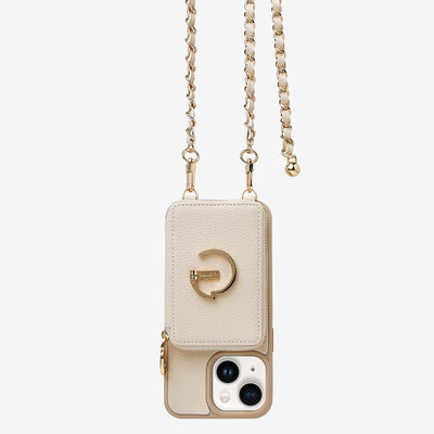 LuxeCharm- Lychee Phone Case with Chain Strap -Beige