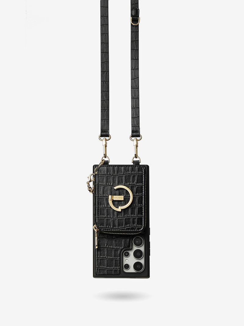 Crocodile Design Set- Samsung Galaxy Magnetic Grip Wallet Phone Case with Carrying Strap-Mobile Phone Cases-DETACHABLE WALLET & WIRELESS CHARGING-Black-Samsung S25 Ultra-Custype