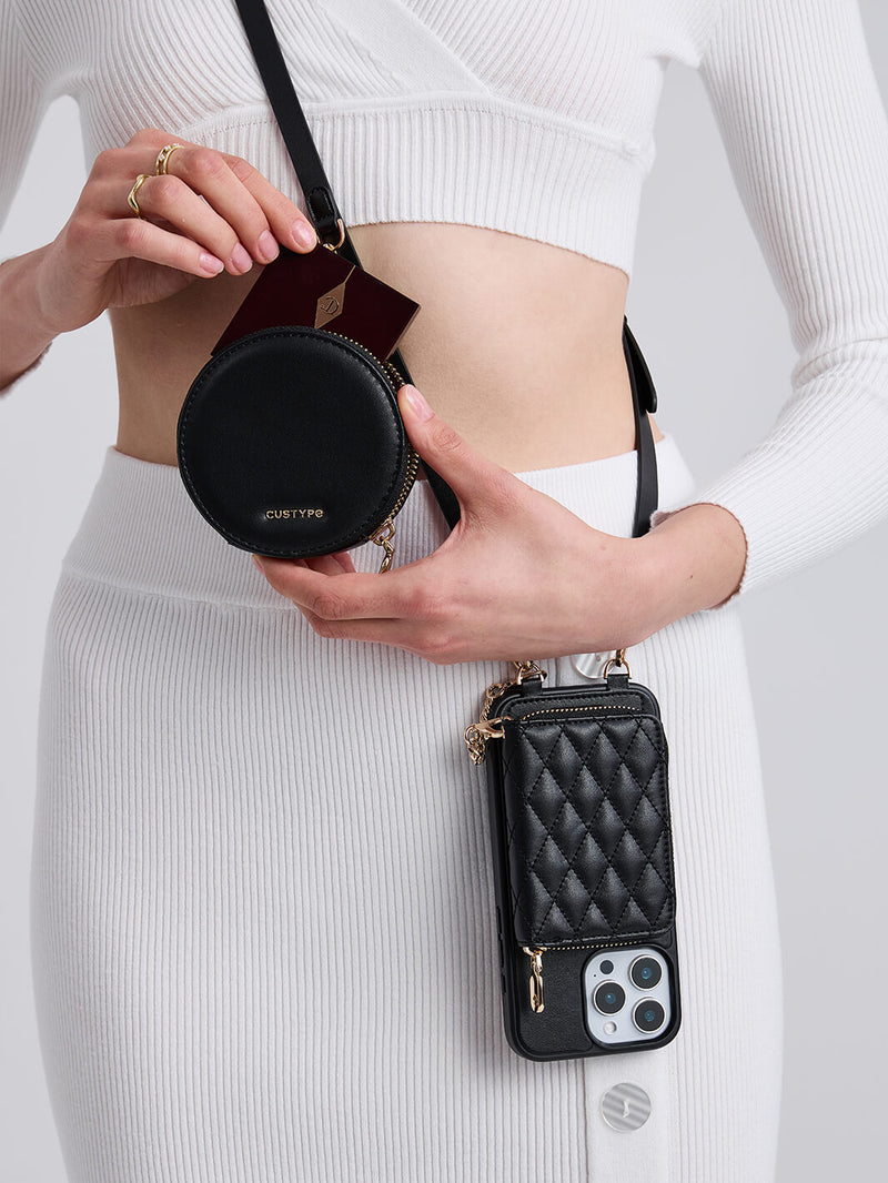 Embroidery Craft Set- Detachable Wireless Charging Crossbody Wallet Phone Case Round Pouch Set-Mobile Phone Cases-DETACHABLE WALLET & ROUND POUCH-Argyle-Black-iPhone 16 Pro Max-Custype