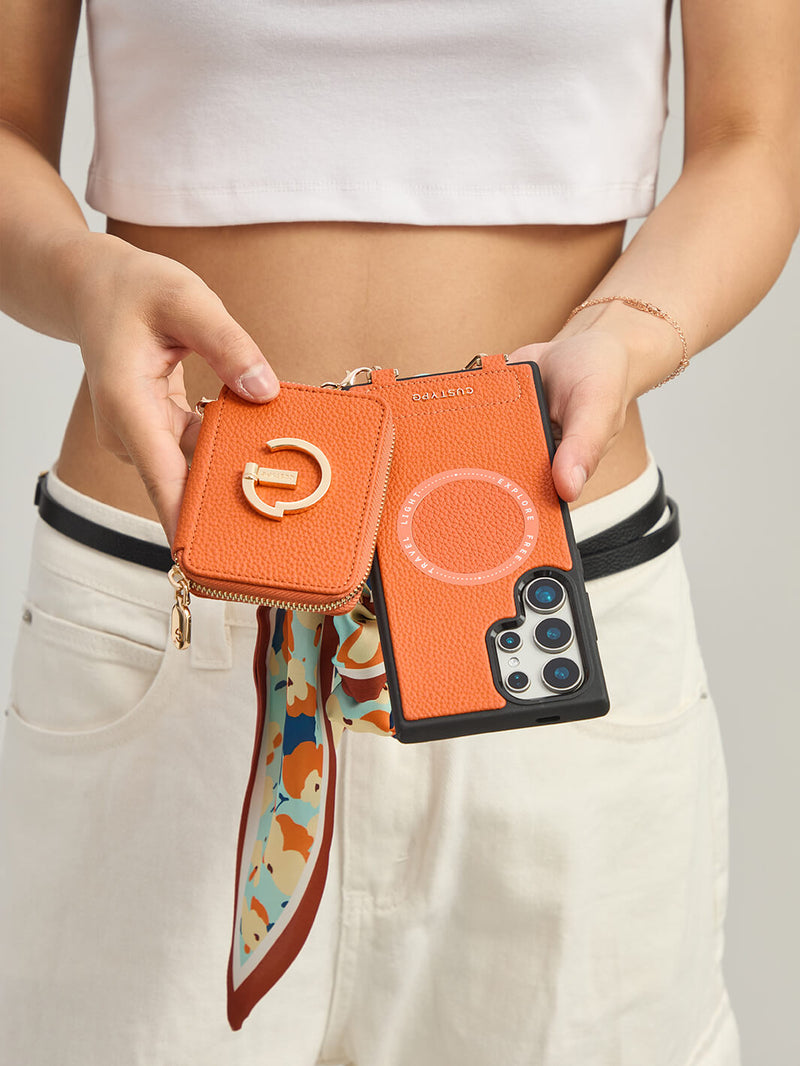 Silk Flair Set- Samsung Lychee Detachable Wristlet Wallet Phone Case with E-Stand-Mobile Phone Cases-WRISTBAND & PHONE POUCH-Peach Pink-Samsung S25 Ultra-Custype