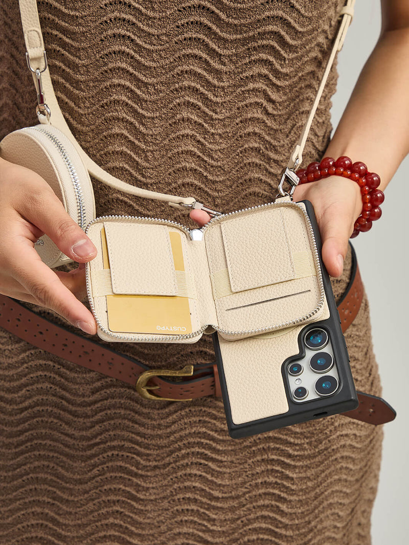 Silver Edge Kit- Samsung Galaxy Strap Magnetic Wallet Phone Case with Round Purse & Kickstand-Mobile Phone Cases-DETACHABLE WALLET & ROUND POUCH-Black-Samsung S25 Ultra-Custype