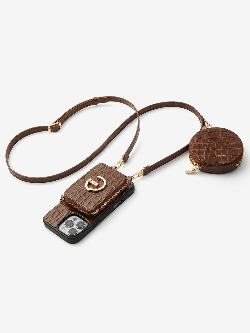 Crocodile Design Set- Detachable Wireless Charging Crossbody E-Stand Wallet Phone Case Round Pouch Set-Mobile Phone Cases-DETACHABLE WALLET & ROUND POUCH-Custype