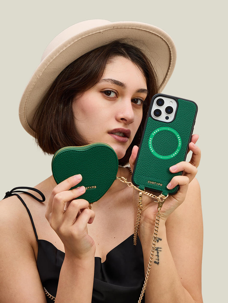 Heart Chain Kit- Wallet Phone Case with Chain Supporting Wireless Charging-Mobile Phone Cases-DETACHABLE WALLET & WIRELESS CHARGING-Green-iPhone 16 Pro Max-Custype