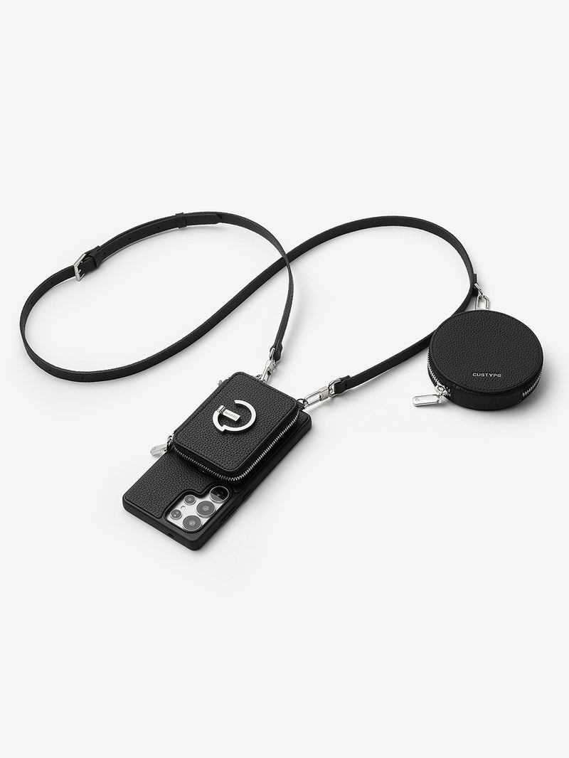 Silver Edge Kit- Samsung Galaxy Strap Magnetic Wallet Phone Case with Round Purse & Kickstand-Mobile Phone Cases-DETACHABLE WALLET & ROUND POUCH-Black-Samsung S25 Ultra-Custype