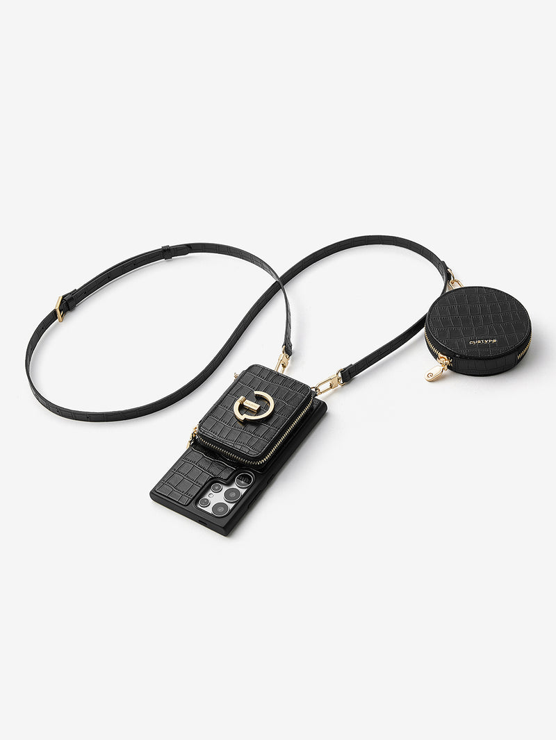 Crocodile Design Set- Samsung Galaxy Sling Grip Wallet Phone Case with Round Purse-Mobile Phone Cases-DETACHABLE WALLET & ROUND POUCH-Brown-Samsung S25 Ultra-Custype