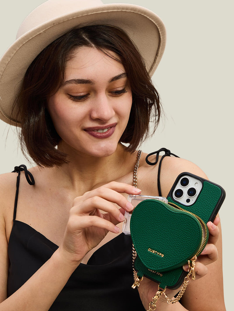 Heart Chain Kit- Wallet Phone Case with Chain Supporting Wireless Charging-Mobile Phone Cases-DETACHABLE WALLET & WIRELESS CHARGING-Green-iPhone 16 Pro Max-Custype