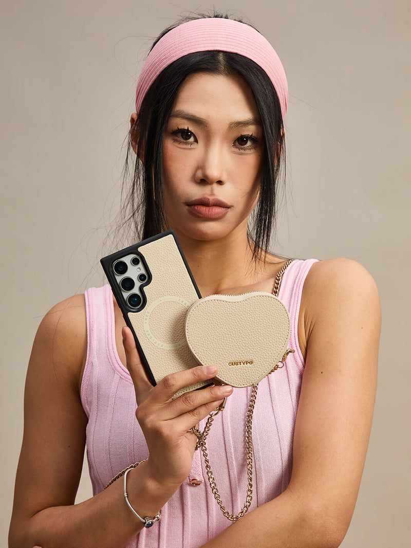 Heart Chain Kit- Samsung Galaxy Crossbody Case with removable Card Organizer-Mobile Phone Cases-DETACHABLE WALLET & WIRELESS CHARGING-Black-Samsung S25 Ultra-Custype