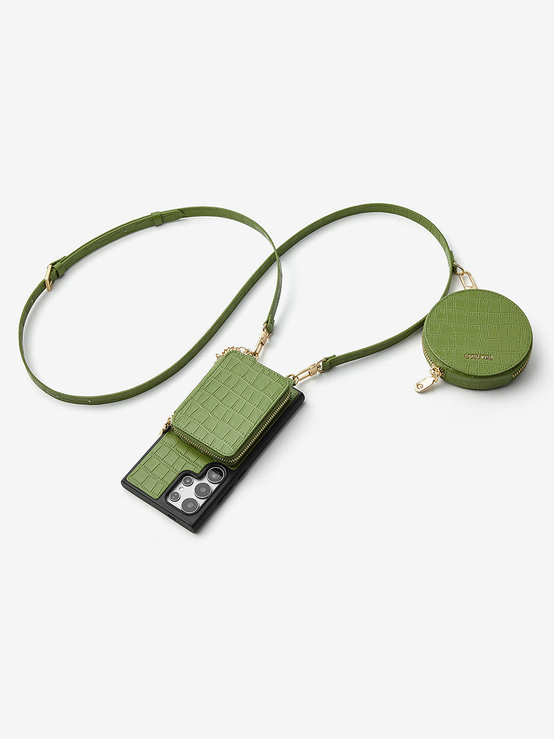Crocodile Craft Set- Samsung Galaxy Strap Magsafe Compatible Phone Wallet Case with Circle Pouch-Mobile Phone Cases-DETACHABLE WALLET & ROUND POUCH-Green-Samsung S25 Ultra-Custype