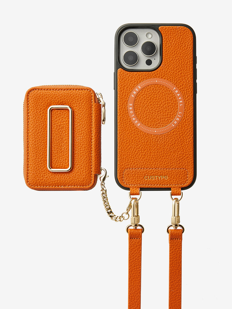 Orange cell phone purse case with shoulder strap
