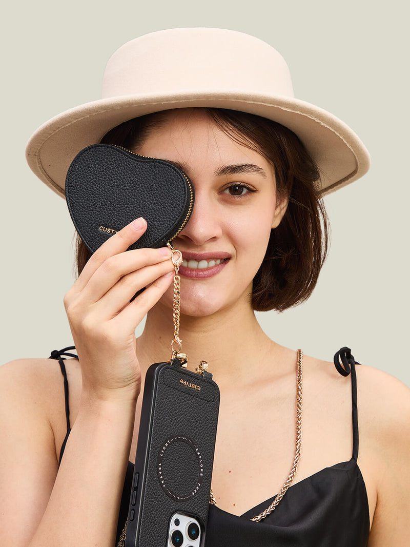 Heart Twist Chain- Crossbody Magsafe Compatible Phone Cases with Coin Purse-Mobile Phone Cases-DETACHABLE WALLET & WIRELESS CHARGING-Black-iPhone 16 Pro Max-Custype