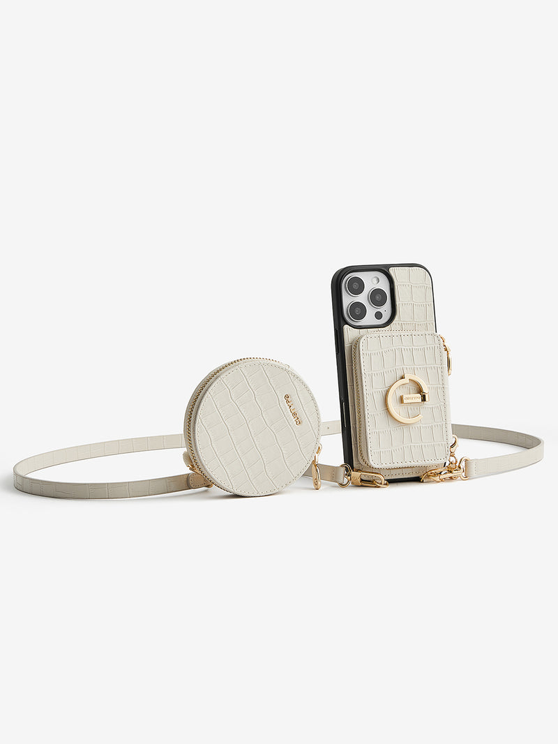 Crocodile Design Set- Detachable Wireless Charging Crossbody E-Stand Wallet Phone Case Round Pouch Set-Mobile Phone Cases-DETACHABLE WALLET & ROUND POUCH-Brown-iPhone 16 Pro Max-Custype