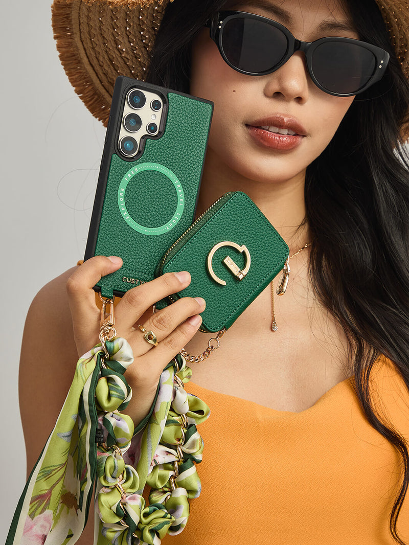 Silk Flair Set- Samsung Lychee Detachable Wristlet Wallet Phone Case with E-Stand-Mobile Phone Cases-WRISTBAND & PHONE POUCH-Peach Pink-Samsung S25 Ultra-Custype