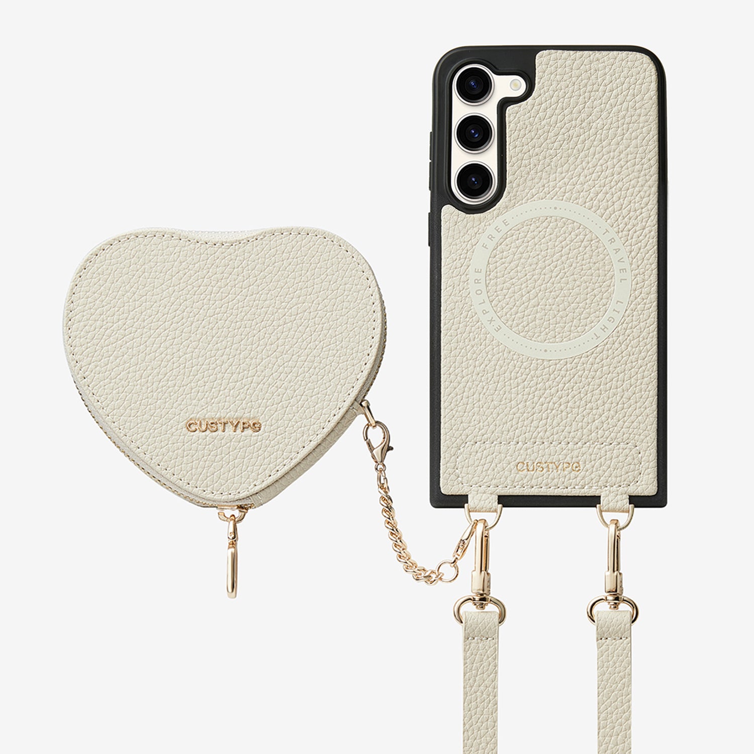 Heart Design Kit- Samsung Galaxy Detachable Wireless Charging Crossbody Wallet Phone Case Pouch Set-Mobile Phone Cases-DETACHABLE WALLET & WIRELESS CHARGING-Beige-Samsung S25 Plus-Custype