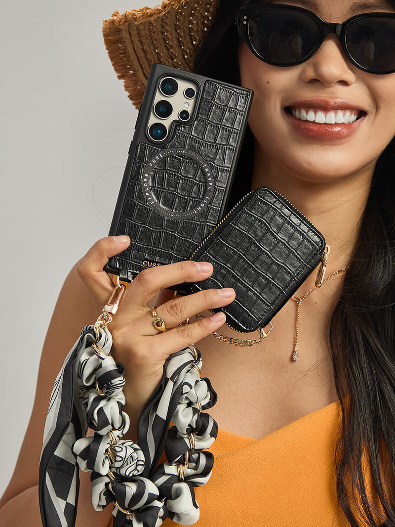 Silk Flair Set- Samsung Crocodile Removeable Wallet Phone Case with Wrist Strap-Mobile Phone Cases-WRISTBAND & PHONE POUCH-Brown-Samsung S25 Ultra-Custype