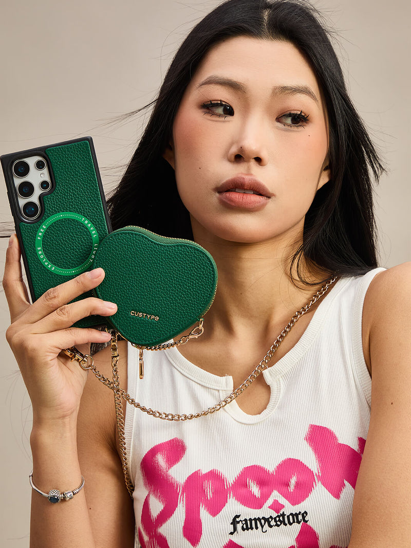 Heart Chain Kit- Samsung Galaxy Crossbody Case with removable Card Organizer-Mobile Phone Cases-DETACHABLE WALLET & WIRELESS CHARGING-Black-Samsung S25 Ultra-Custype