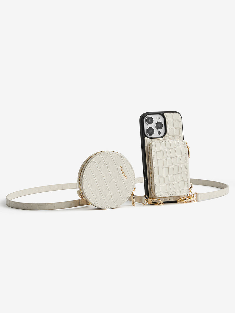 Crocodile Craft Set- Detachable Wireless Charging Crossbody Wallet Phone Case Round Pouch Set-Mobile Phone Cases-DETACHABLE WALLET & ROUND POUCH-Green-iPhone 16 Pro Max-Custype