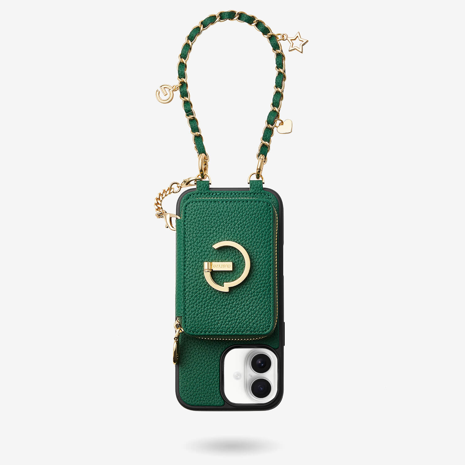 Green iPhone 16 Plus phone case with wristlet
